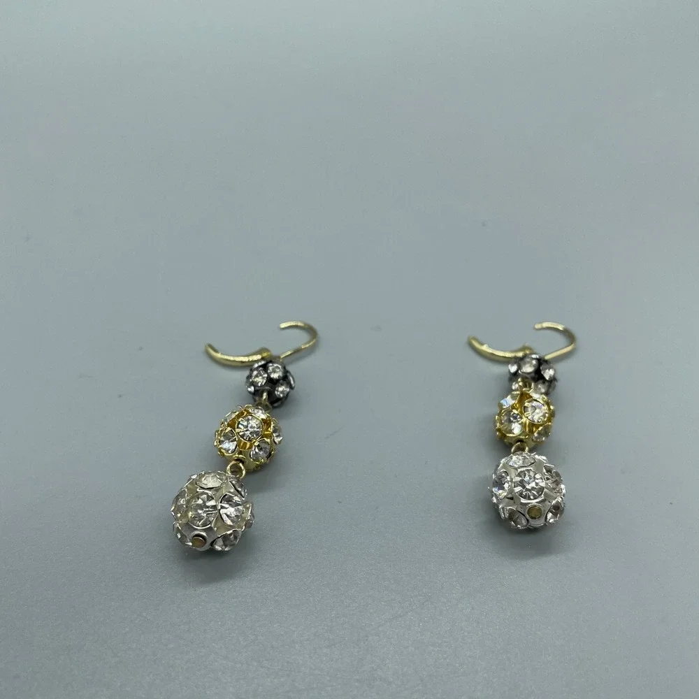 Gold Silver Black Rhinestone Disco Ball‎ Triple Drop Leverback Earrings Women